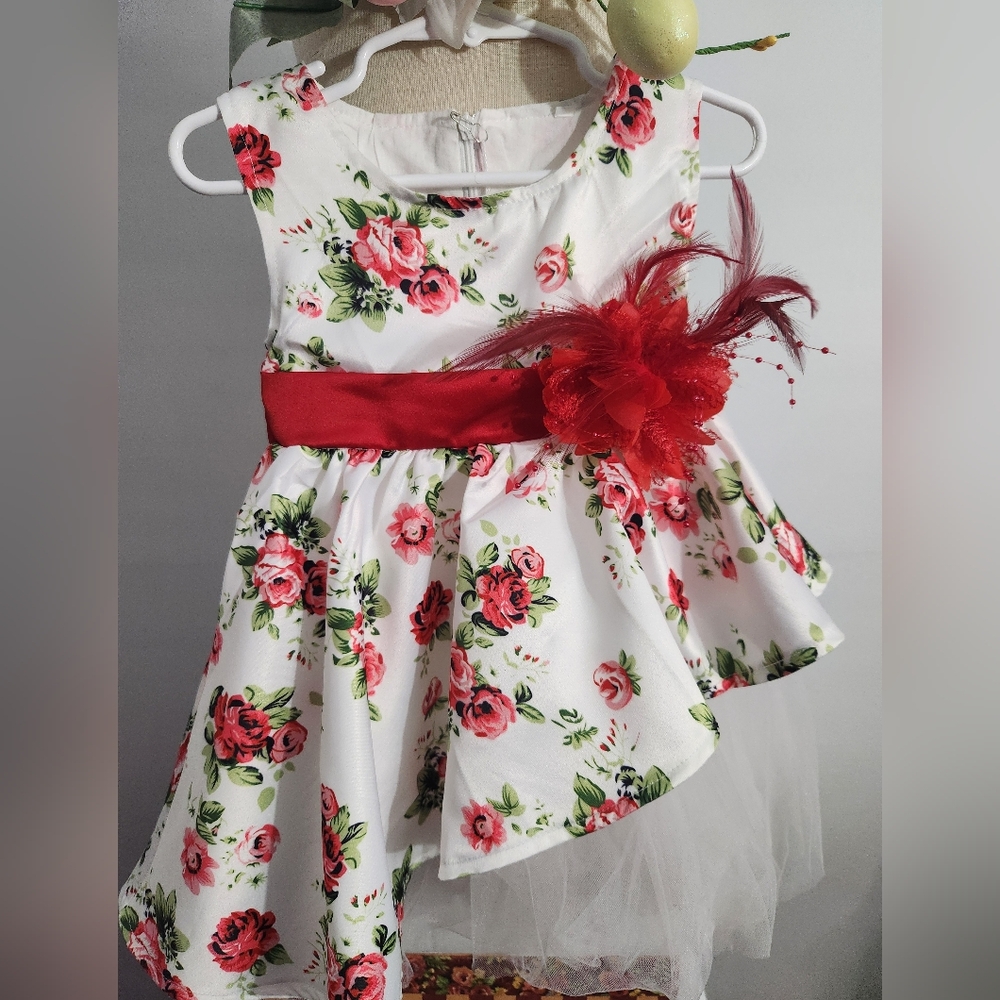Source Unknown Red/White Asymetrical Floral Dress w/Tulle, 2T, NWT